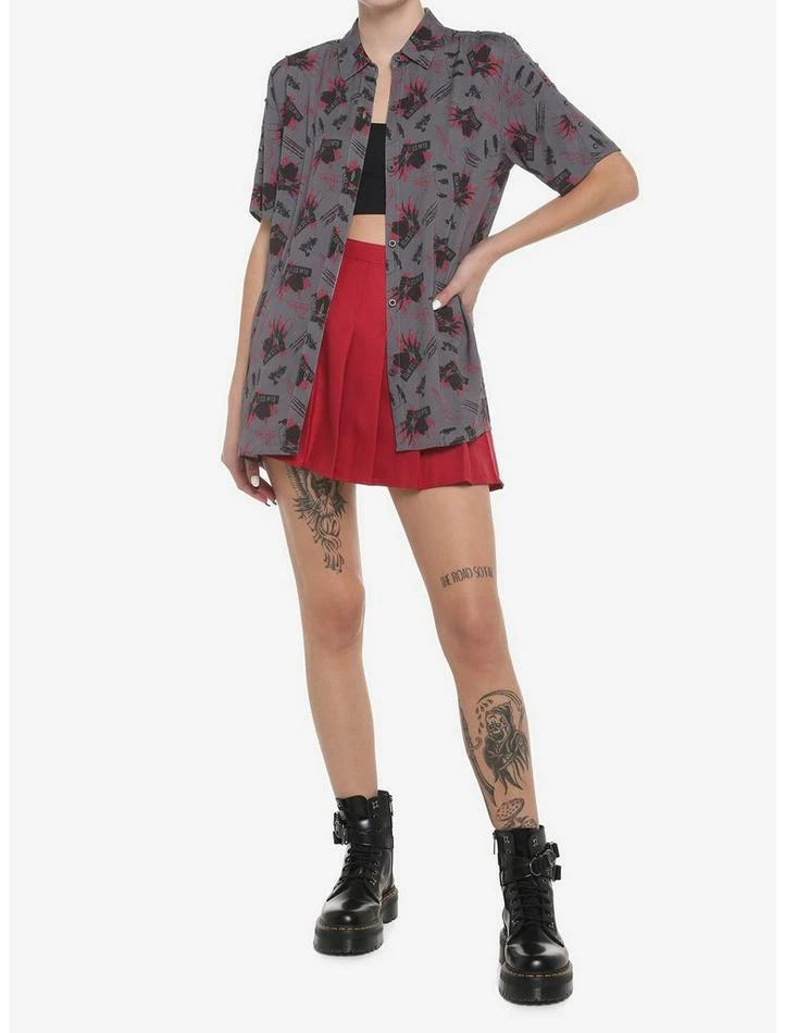 New ❤️ A Nightmare On Elm Street Studded Shoulder 👧 Girls Woven Button-Up 🔥 - Image 2