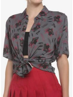 New โค๏ธ A Nightmare On Elm Street Studded Shoulder ๐ง Girls Woven Button-Up ๐ฅ