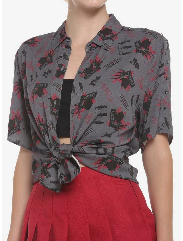 New ❤️ A Nightmare On Elm Street Studded Shoulder 👧 Girls Woven Button-Up 🔥